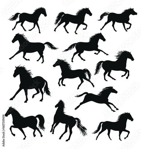 A repeating pattern of black horse silhouettes in various running and galloping poses against white background