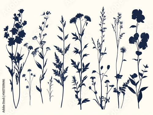 Silhouettes of various plants and flowers