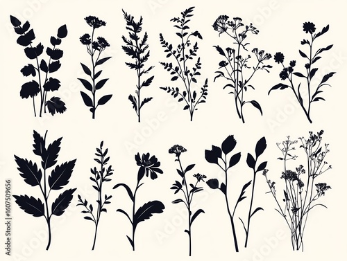 Silhouettes of various plants and flowers