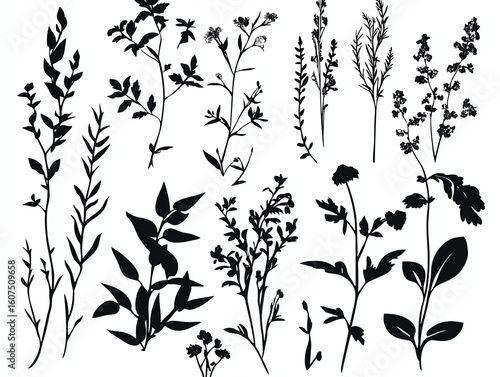 Silhouettes of various plants and flowers