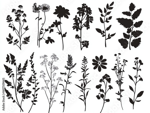 Silhouettes of various plants and flowers