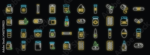 Glowing neon icons depicting various vitamins and supplements, emphasizing health and wellness