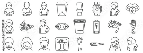 Pancreatic symptoms icons set. Set of line icons depicting various health and wellness concepts