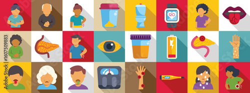 Pancreatic symptoms icons set. Colorful icons depicting various health symptoms and medical conditions