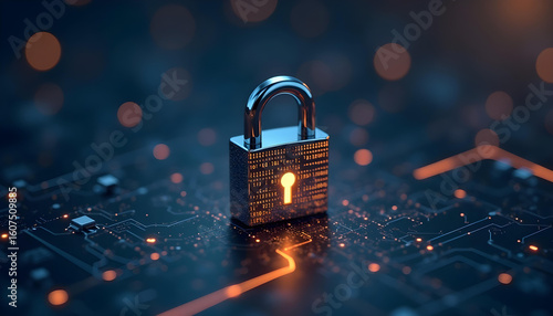 Metallic padlock digital security concept technology