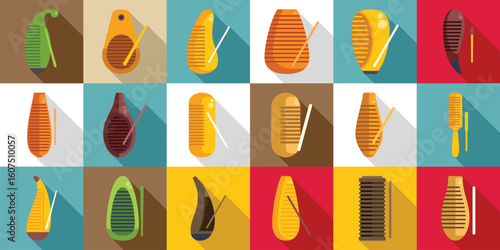 Guiro icons set. Colorful set of guiro icons in flat design with long shadow, representing various styles of this traditional latin american percussion instrument