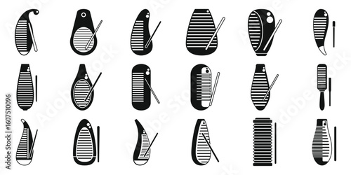 Guiro icons set. Set of black and white guiro illustrations with different shapes and designs