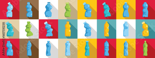 Crumpled bottle icons set. Colorful icons showing various states of squeezed and crushed plastic bottles promoting recycling and waste management