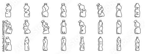 Crumpled bottle icons set. Different shapes of squashed plastic bottles highlighting the importance of recycling and waste management