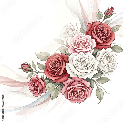 A cluster of roses in shades of red and white.