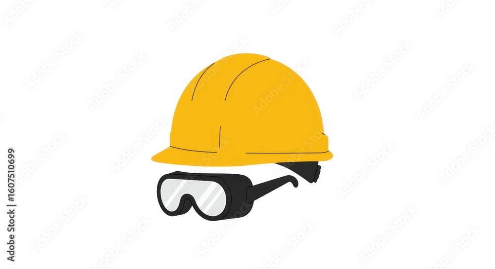 A yellow construction helmet and safety goggles are depicted against a white background. A yellow construction helmet and safety goggles are depicted against a white background.