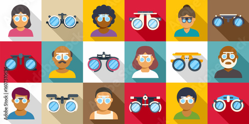 Trial glasses icons set. Optometrists examining patient eyes with phoropter during eye test, vision correction, and ophthalmology checkup