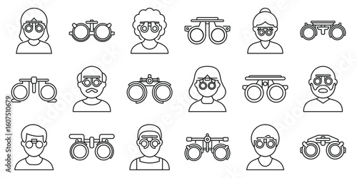 Trial glasses icons set. Phoropter used for eye exams by optometrists and patients, checking visual acuity and prescribing corrective lenses