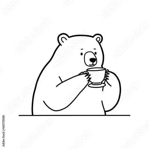 Cute Polar Bear Enjoying a Cup of Tea  Line Art Illustration