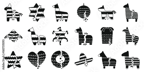 Broken pinata icons set. Pinatas breaking and spilling candies, celebrating festive joyful party icons set in simple style isolated on white background
