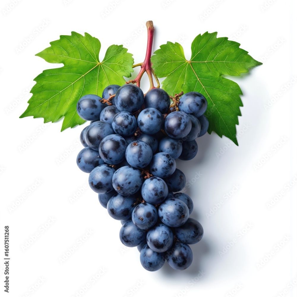 Fototapeta premium Cluster of ripe purple grapes with green stems and small white seeds. Each grape is round and attached to a stem with small leaves. Grapes suspended in white background.