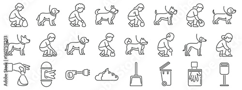 Clean up after dog icons set. Dog owners using scoop and bag to pick up poop and dispose of it in trash can or special dispenser