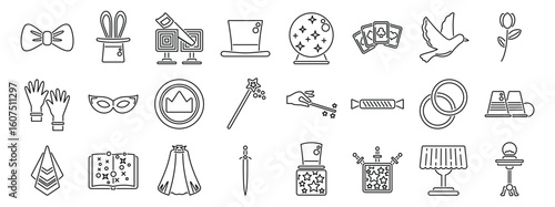 Illusionist equipment icons set. Line art icons depicting various elements of a magic show, including tricks, props, and symbols of illusion and entertainment