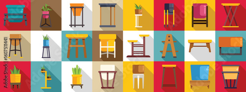 Flowerpot stand icons set. Diverse collection of plant stands and modern furniture showcasing various designs and functionalities for home decoration