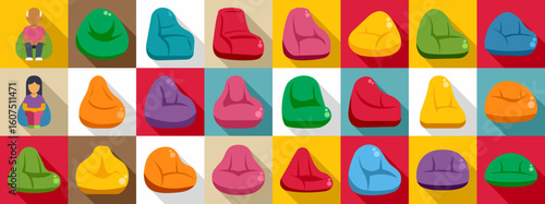 Bean chair icons set. People enjoying the comfort of colorful bean bag chairs, showcasing a modern and relaxed lifestyle