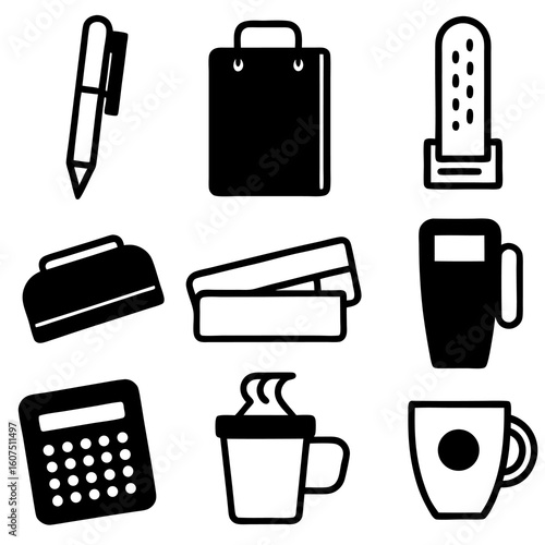 Assortment of Stationary Supplies: A graphic ensemble of essential stationary items including pen, shopping bag, stapler, calculator, cup, mug, and cactus