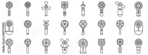 Electric hand fan icons set. Collection of portable fan icons representing various handheld devices designed for personal cooling, offering relief from heat