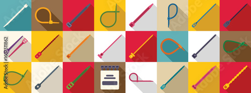 Cable ties icons set. Colorful collection of various cable ties arranged in a grid