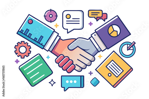 Business Partnership and Agreement Handshake with Data and Communication Icons