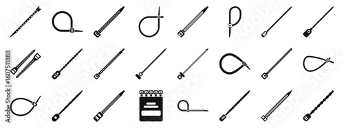 Cable ties icons set. Set of black and white cable tie icons with a notepad illustration