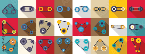 Engine belt icons set. Timing belt and pulley icons representing rotating mechanical transmission in various configurations, ideal for automotive and engineering designs