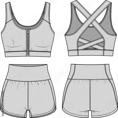 Modern Sports Bra and Shorts Set with Crisscross Back, Zip-Front Design, and Comfortable Fit for Active Wear