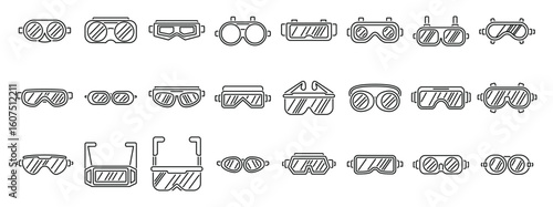 Welding glasses icons set. Collection of diverse outline goggles and glasses in minimalist style
