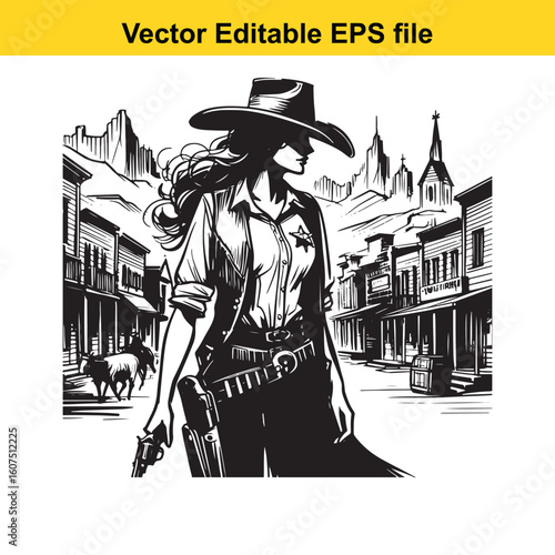 Cowgirl Sheriff Keeping Peace in a Bustling Frontier Town