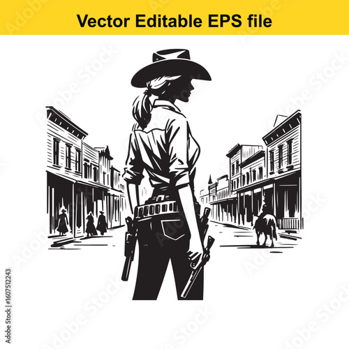 Cowgirl Sheriff Keeping Peace in a Bustling Frontier Town
