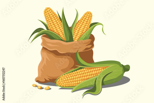 Fresh corn cobs in a burlap sack with loose kernels