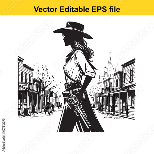 Cowgirl Sheriff Keeping Peace in a Bustling Frontier Town
