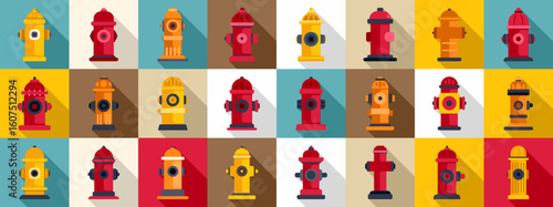 Fire hydrant icons set. Colorful fire hydrants stand ready for fire emergencies, ensuring safety and protection in urban areas