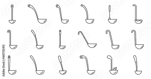 Ladle icons set. Set of soup ladle icons in thin line style, representing different designs of this kitchen utensil used for serving soups, stews, or other liquid dishes