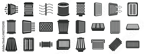 Air filter icons set. Collection of diverse air filter icons for ventilation systems