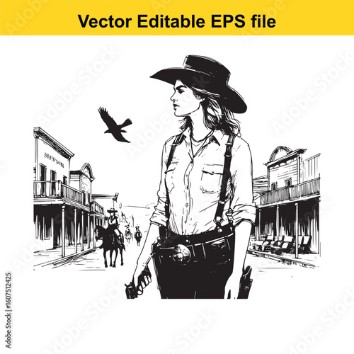 Cowgirl Sheriff Keeping Peace in a Bustling Frontier Town