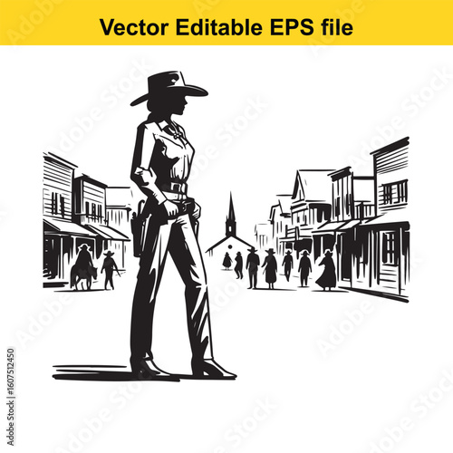 Cowgirl Sheriff Keeping Peace in a Bustling Frontier Town