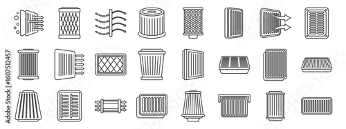 Air filter icons set. Collection of different air filter designs for various filtration needs