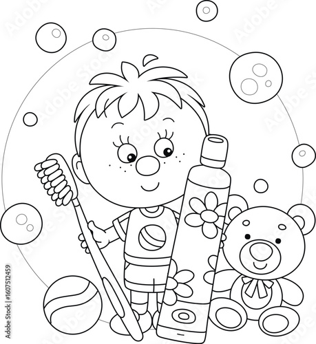 Little boy with his toys holding a toothbrush and toothpaste for teeth cleaning, ready for morning and evening everyday oral hygiene, black and white outline vector cartoon illustration for a coloring