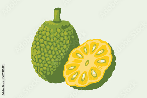 Whole and sliced green breadfruit with a light green background