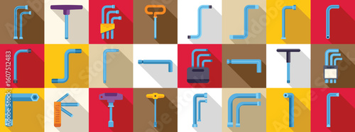 Allen keys icons set. Allen wrench key set in various sizes and types, essential tools for repairing, maintaining, and assembling equipment and machinery