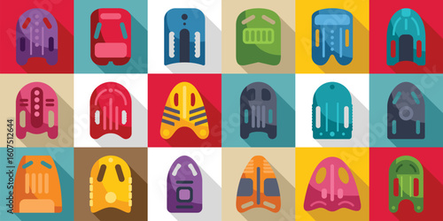 Swimming board icons set. Diverse robot icons displayed in a vibrant grid pattern