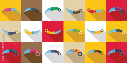 Karambit icons set. Karambit icons showing curved blades for self defense purposes, in a flat design with long shadows