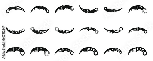 Karambit icons set. Set of unique karambit knife designs in black and white