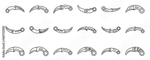 Karambit icons set. Set of various stylized knife illustrations with curved blades