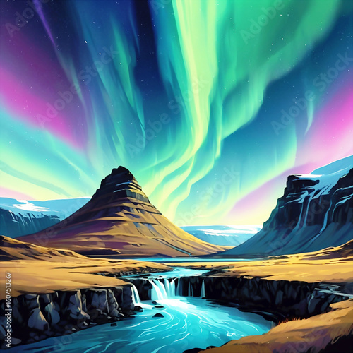Incredible icelandic landscape with incredible sky with Northern lights over Kirkjufellsfoss waterfall. Kirkjufell volkano mountain and Polar lights in Iceland. Aurora borealis